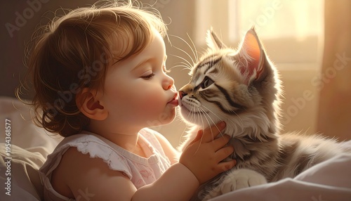 A young child tenderly kisses a fluffy tabby kitten, sharing a moment of affection in warm sunlight