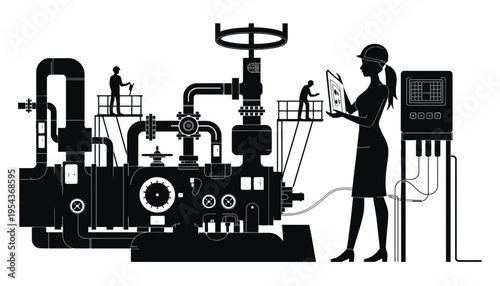 Industrial factory silhouette with workers and machinery in a modern setting