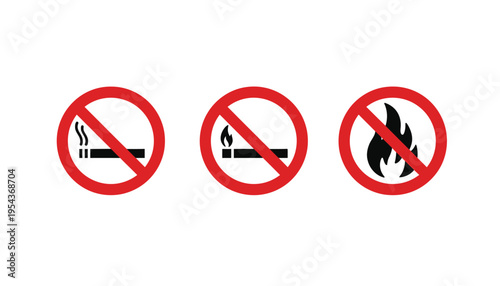 No smoking and fire icons in red circle prohibition signs