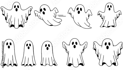 Ghost cartoon vector illustrations in various poses and expressions