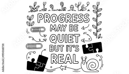 Progress motivational quote illustration with puzzle pieces and snail