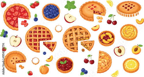 Fruit Pie and Tart Dessert Vector Set Featuring Apple Cherry Berry Pastry Slices and Sweet Bakery Collection Illustration Design