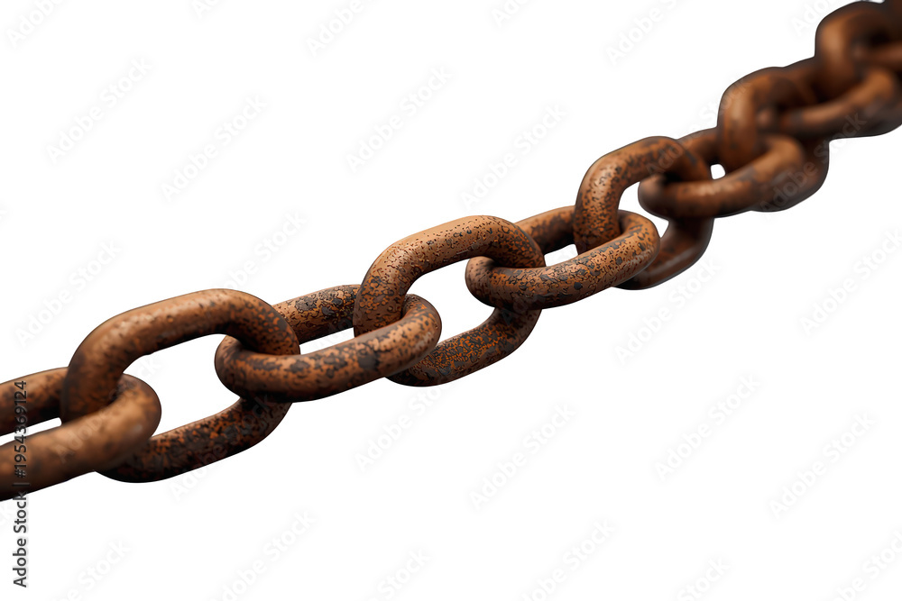 Fototapeta premium Rusty metal chain link showing heavy corrosion, industrial connection, strength, and restriction concept on transparent background