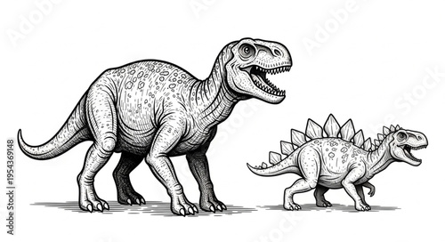 Tyrannosaurus Rex and Stegosaurus - Prehistoric Giants in Black and White.