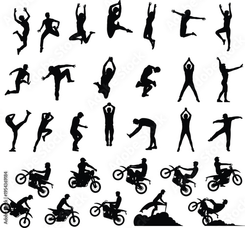 Action sports silhouette collection, jumping people and motocross riders, extreme activity poses, black vector illustration, dynamic motion set, isolated figures