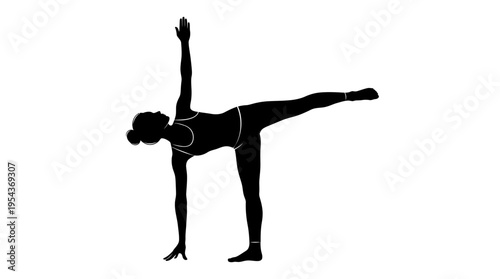 Silhouette of a woman performing the Ardha Chandrasana yoga pose, the half moon pose, on a white background, emphasizing balance and flexibility.