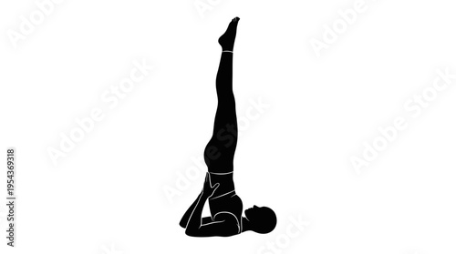 Silhouette of a woman performing Sarvangasana, the shoulder stand yoga pose, emphasizing balance and strength in a clean vector illustration.