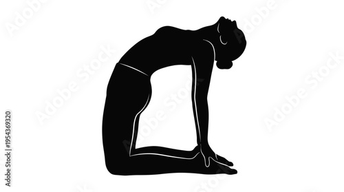 Silhouette of a woman performing the Ustrasana yoga pose, the camel pose, on a white background, showcasing flexibility and backbend.