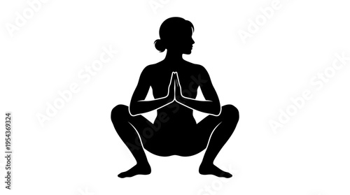 Vector silhouette of a woman in Malasana, the garland pose, a deep squat with prayer hands, symbolizing grounding and hip opening in yoga.