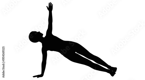 Silhouette of a person performing a side plank yoga pose, demonstrating core strength and balance in a clean vector illustration on white.