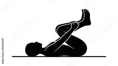 Black silhouette of a person in Ananda Balasana, the happy baby pose in yoga, illustrating relaxation and hip opening for stress relief.