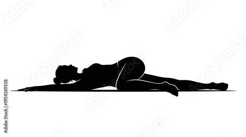 Silhouette of a person performing a supine spinal twist yoga pose, promoting relaxation and flexibility in a minimalist vector illustration.