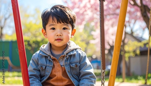 A young child with dark hair and a denim jacket sits on a swing at a playground. A blurred tree blooms behind