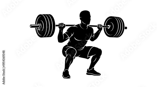 Silhouette of a man performing a barbell squat, a fundamental strength training exercise for building powerful leg muscles.