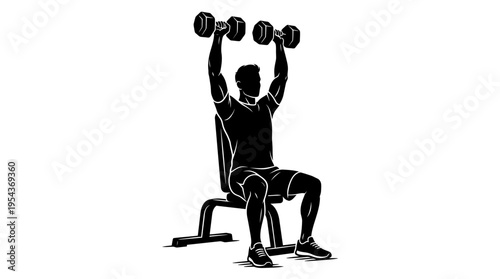 Silhouette of a man performing a seated dumbbell shoulder press exercise, focusing on strength training and fitness.