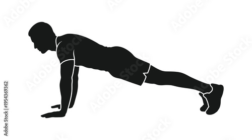 Silhouette of a man performing a push-up exercise, demonstrating core strength and upper body workout for fitness.