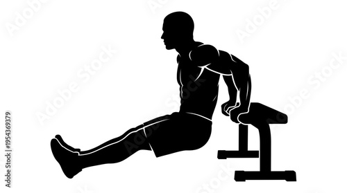 Silhouette of a man performing a tricep dip exercise using a bench, showcasing upper body strength and fitness in a vector illustration.