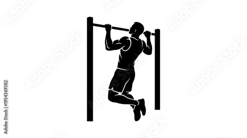 Silhouette of a man performing a pull-up exercise on a horizontal bar, showcasing upper body strength and fitness.
