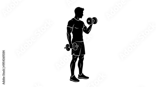 Silhouette of a man performing a bicep curl with dumbbells, illustrating muscle building and weight training in a clear vector graphic.