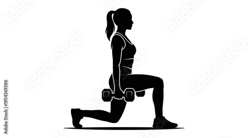Silhouette of a woman performing a dumbbell lunge exercise, focusing on leg strength and fitness in a gym or workout setting.