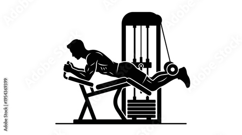 Silhouette of a man performing a hamstring curl exercise on a machine in a gym, targeting posterior leg muscles for strength and toning.