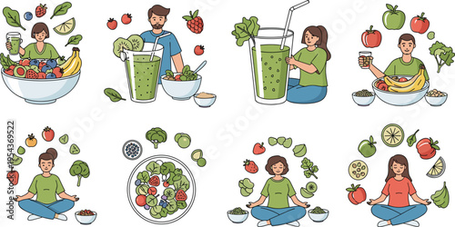 Healthy Nutrition and Clean Eating Vector Set Featuring People Drinking Smoothies Eating Salads and Practicing Mindful Wellness Lifestyle Illustration