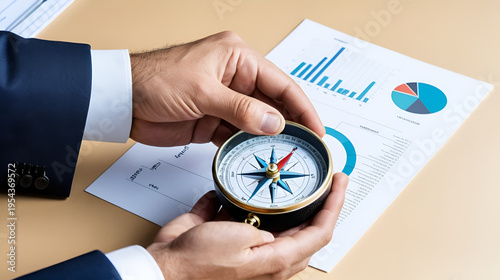 Concept of Strategic orientation in business or marketing. Purpose and direction in business. Compass in the hands of a businessman