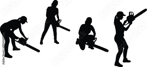 chainsaw, worker, silhouette, lumberjack, forestry, cutting, wood, logger, equipment, tool, industry, professional, vector, illustration, isolated, black, manual, work, safety, operator