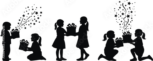 Children, silhouettes, exchanging, gifts, vector, set, kids, present, celebration, birthday, surprise, black, isolated, illustration, clipart, design, bundle, graphic, icons, collection