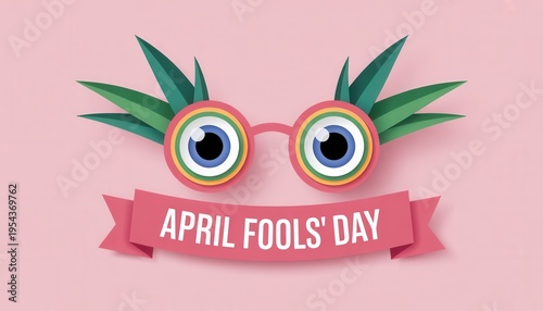 Wallpaper Mural April Fool's Day Fun: Whimsical glasses and greenery and the phrase April Fools' Day are on pink background, evoking a sense of mischief and playful celebration.  Torontodigital.ca