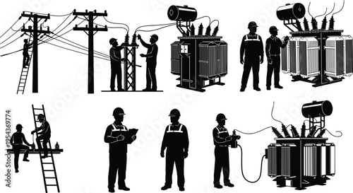 Collection of electrician silhouettes working on power lines, high voltage transformers, and electrical infrastructure maintenance set against a white background for industrial engineering projects.