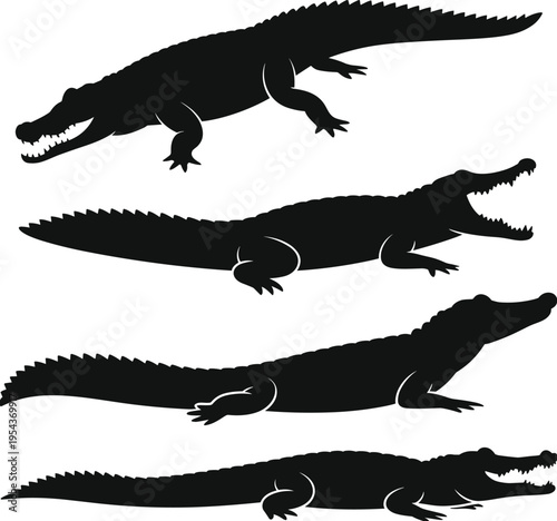 Crocodile silhouette collection, alligator reptile poses set, dangerous wildlife predator silhouettes isolated vector icons for nature safari design