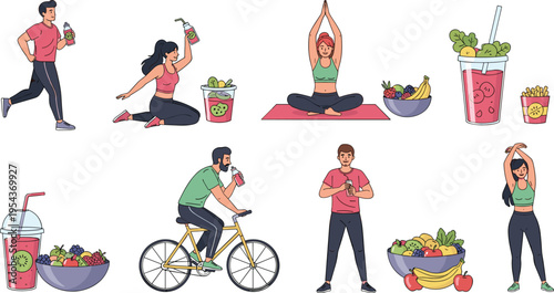 Healthy Lifestyle and Fitness Activities Vector Set Featuring People Exercising Yoga Running Cycling and Drinking Smoothies with Fresh Organic Food Illustration