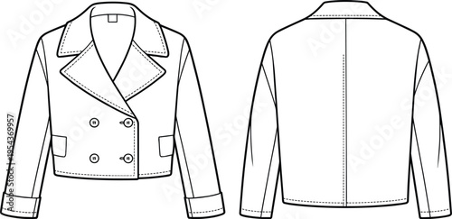 Cropped jacket technical drawing, front and back view, double breasted style, minimalist outerwear fashion vector template, modern clothing illustration