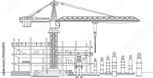 Detailed line art illustration of building site construction with large tower crane structural concrete pillars and professional engineer character for architectural development and coloring.