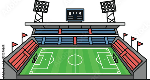 Flat line art illustration of a professional soccer stadium with floodlights and scoreboard