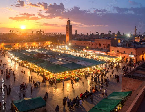 Wallpaper Mural Aerial twilight view of a bustling marketplace lit with numerous bright stalls, with a towering minaret in the distance Torontodigital.ca