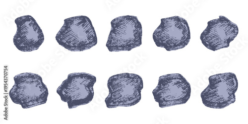 Hand drawn rocks and stones Rock fragments, boulders, building material Coastal pebbles, gravel, minerals, cobblestones, geological formations For game environment, landscape illustration, design