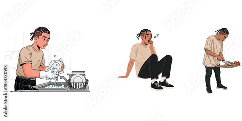 Man performing domestic chores and enjoying leisure time illustrations
