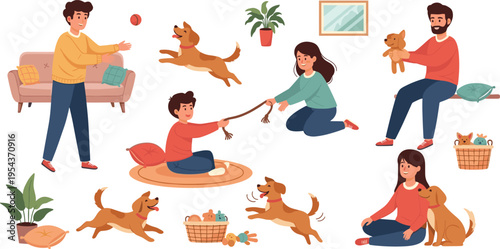 Happy Family Playing with Dogs Vector Set Featuring People and Pets Interaction Scenes with Cute Puppies Home Lifestyle Illustration Collection