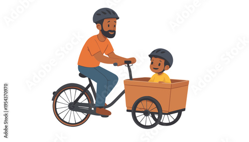 A smiling father riding a bicycle with his child in a trailer