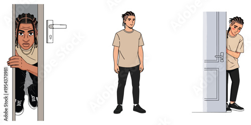 Man peeking and standing in doorway illustration