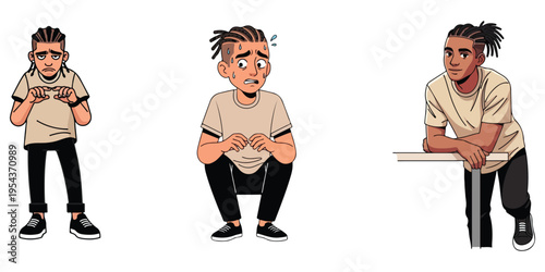 Illustrated man with dreadlocks showing different emotions and poses