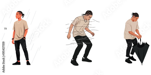Young man in casual clothing with a ponytail, in various poses, holding an umbrella