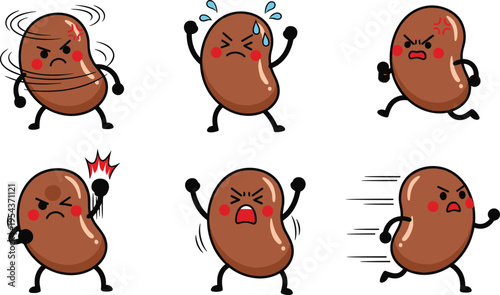 Cartoon vector illustration of six expressive beans showing anger and frustration with clenched fists, red cheeks, motion lines, humorous emotion design