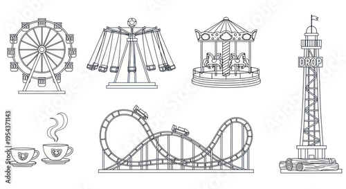 Amusement Park Rides Collection: Ferris Wheel, Carousel, Roller Coaster, Lighthouse