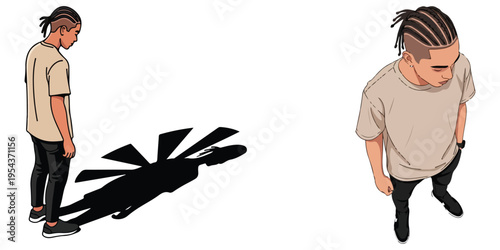 Man with braided hair looking down at his fragmented shadow