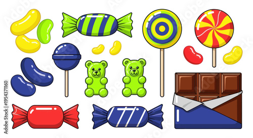 Assortment of Colorful Candies, Lollipops, Gummy Bears, and Chocolate Bar