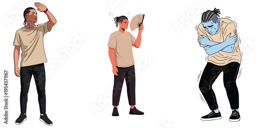 Illustration of a person experiencing temperature extremes heat and cold