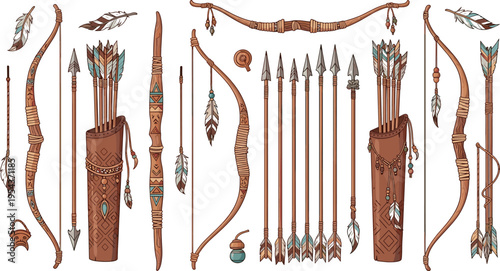 Native Tribal Archery Equipment Vector Set Featuring Decorative Bows Arrows Quivers Feathers and Traditional Hunting Weapon Collection Design